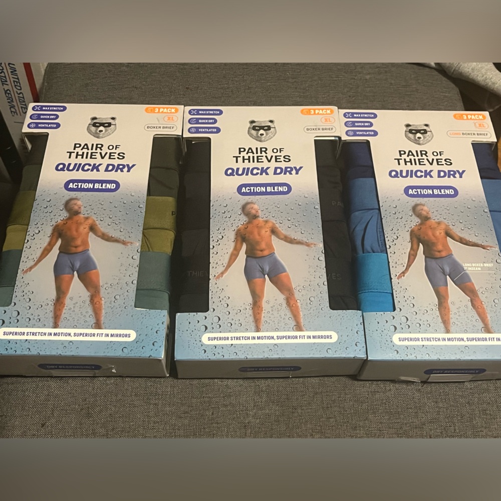 9 Pair of XL MENS Pair of Thieves Action Blend Quick Dry Boxers. 3 boxes of 3 !!
